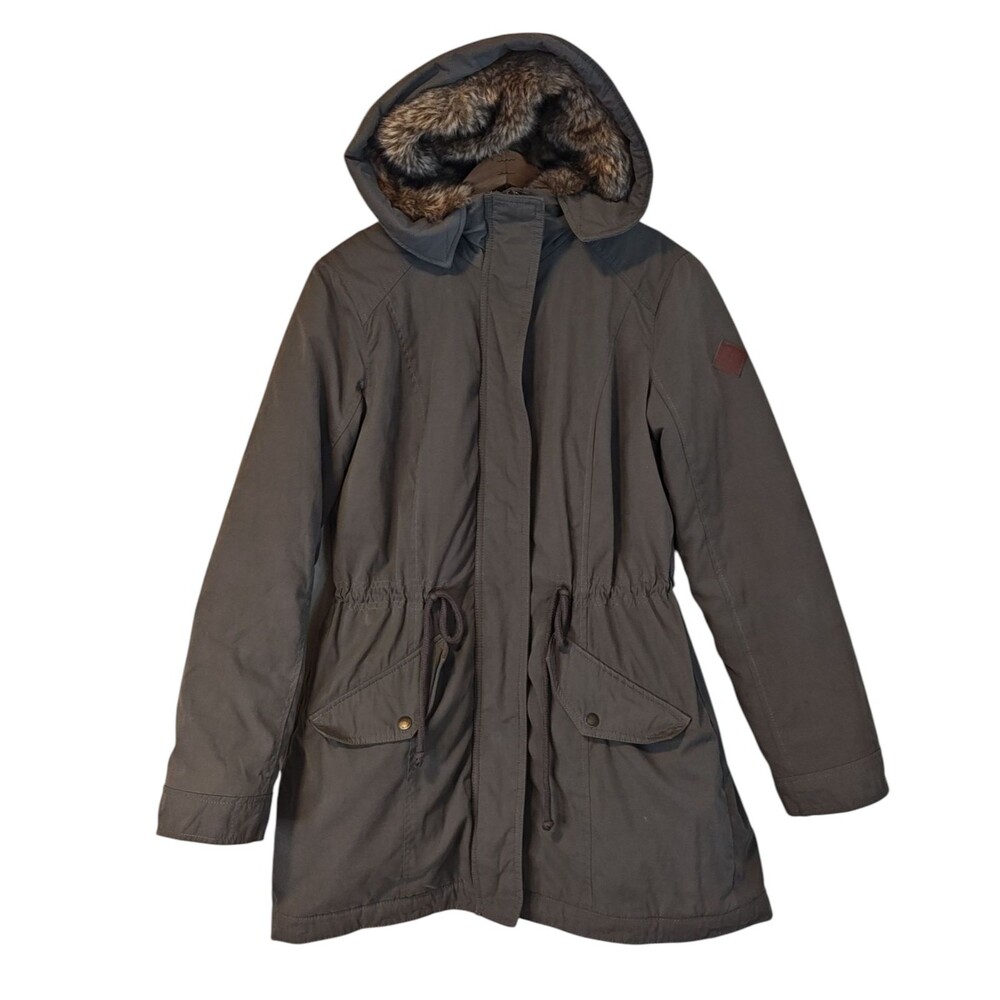 Hollister Jacket Womens Medium Olive Green Parka Coat Faux Fur Hood Quilted